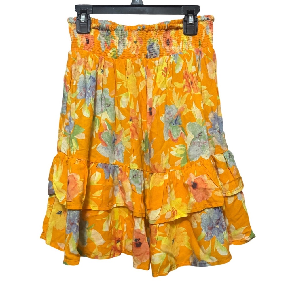 Cynthia Rowley Tiered Mini Skirt Womens‎ M Orange Floral Smocked Waist Excellent